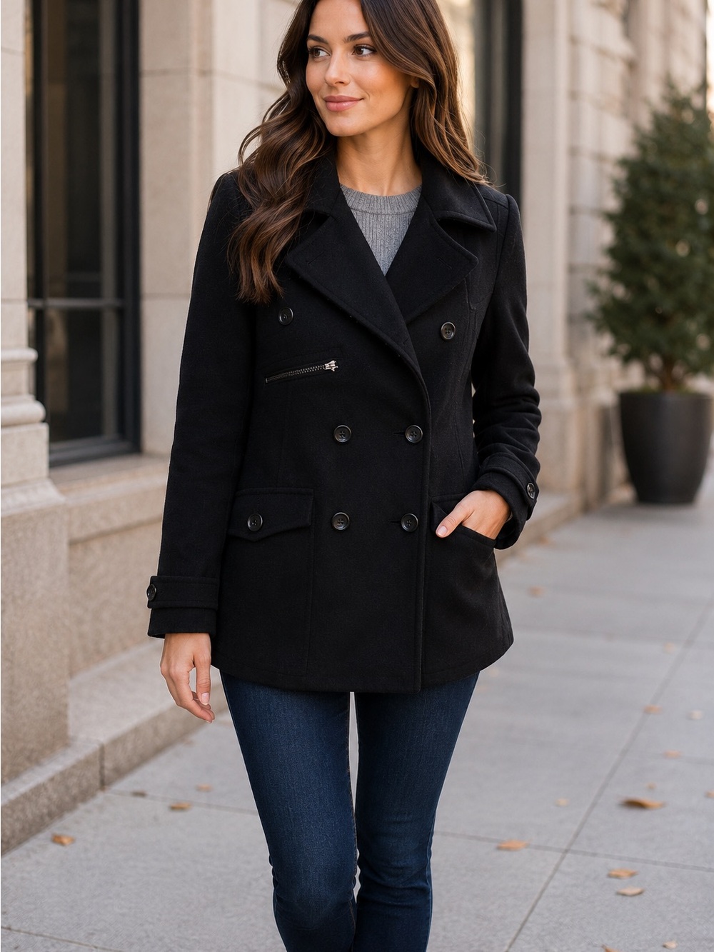 Classic Black Double-Breasted Peacoat – Women
